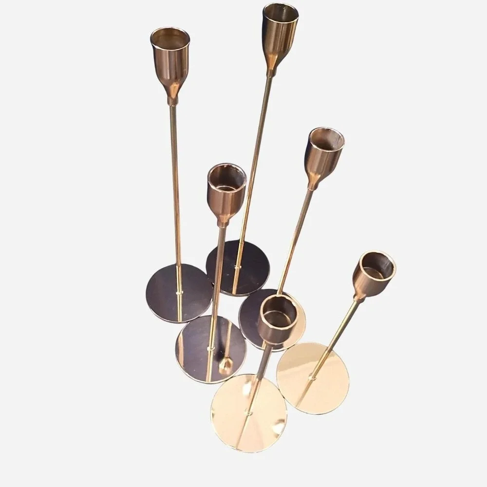 French Honey Gold Candlestick Holders, Tall Tapered Set of Six (6)